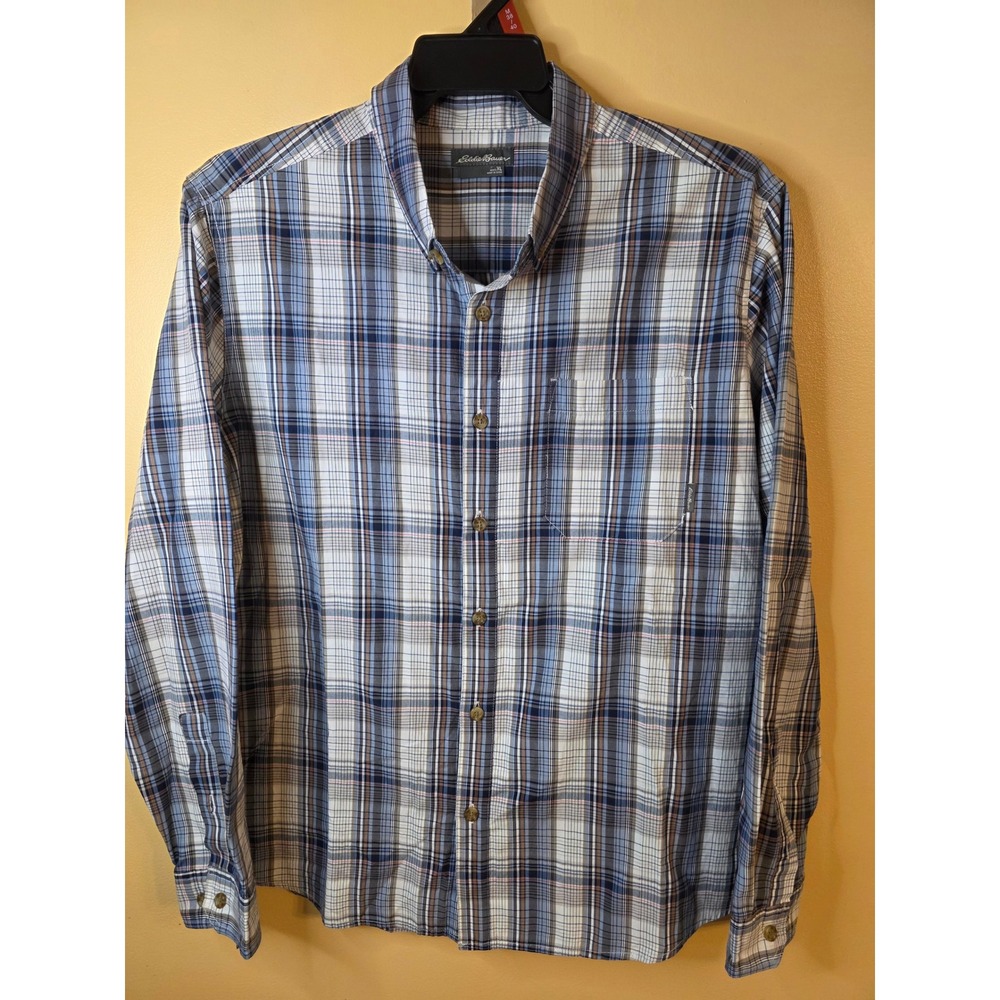 Eddie Bauer Mens XL Blue Plaid Long Sleeve Button Down Shirt Pocket Outdoor